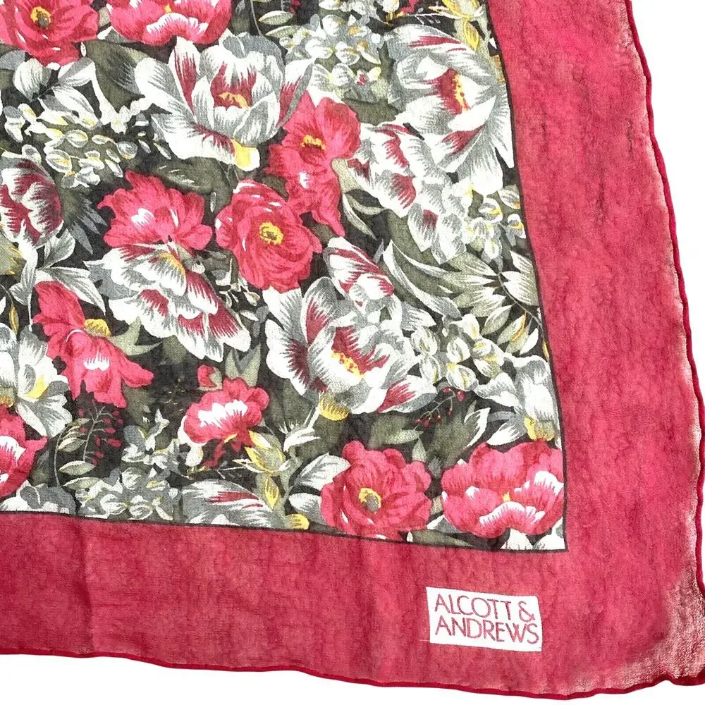 Alcott & Andrews sheer silky crepe scarf red & green floral square cottagecore